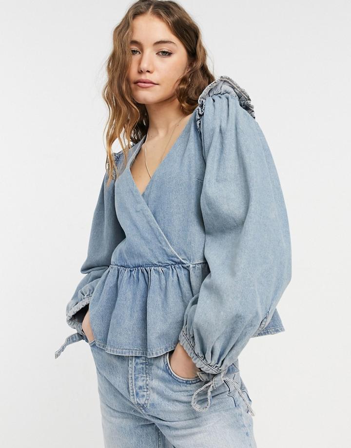 Asos Design Soft Denim Peplum Wrap Blouse In Midwash-blues