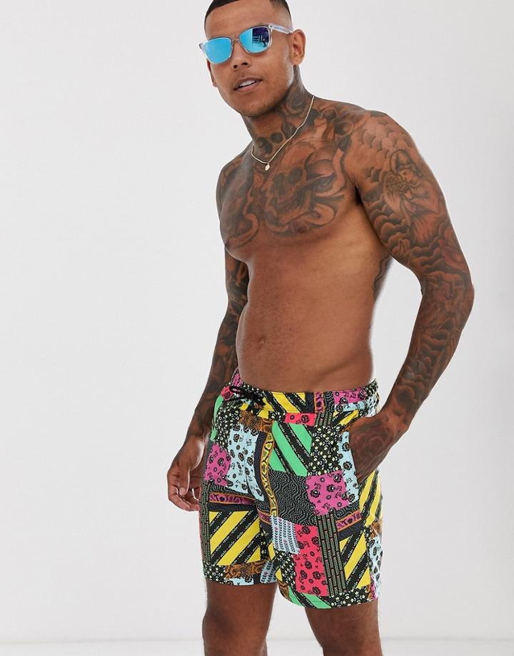 Asos Design Swim Shorts With Retro Patchwork Print In Mid Length-multi