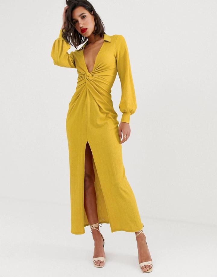 Asos Design Textured Drape Shirt Maxi Dress With Knot Detail - Yellow