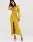 Asos Design Textured Drape Shirt Maxi Dress With Knot Detail - Yellow