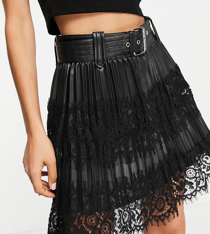 River Island Petite Faux Leather And Lace Pleated Mini Skirt In Black
