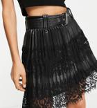 River Island Petite Faux Leather And Lace Pleated Mini Skirt In Black