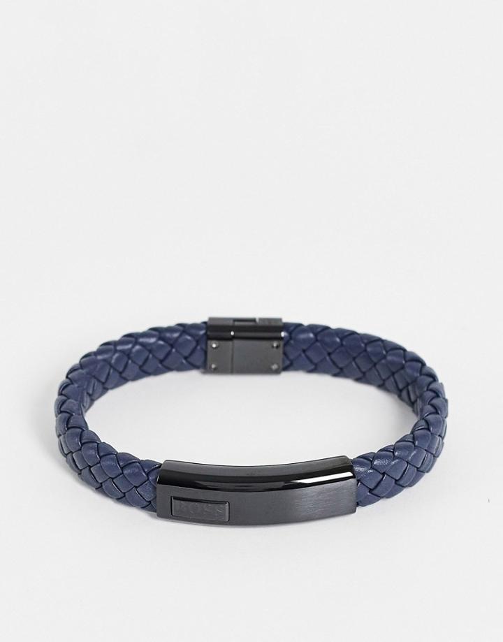 Boss Stainless Steel Bar Leather Bracelet In Navy 1580179m
