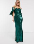 City Goddess Bardot Sequin Fishtail Maxi Dress-green