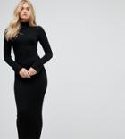 Asos Tall City Maxi Rib Bodycon Dress With Turtleneck And Frill Cuffs - Black