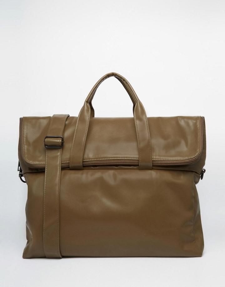 Asos Satchel In Khaki Faux Leather With Zip Top Opening - Khaki