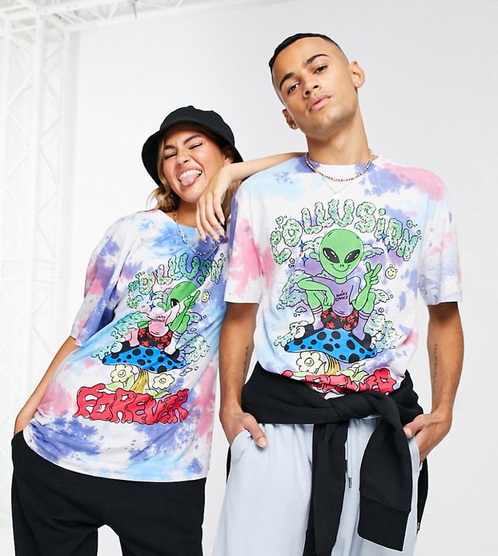 Collusion Unisex Multi Tie-dye Alien Print T-shirt