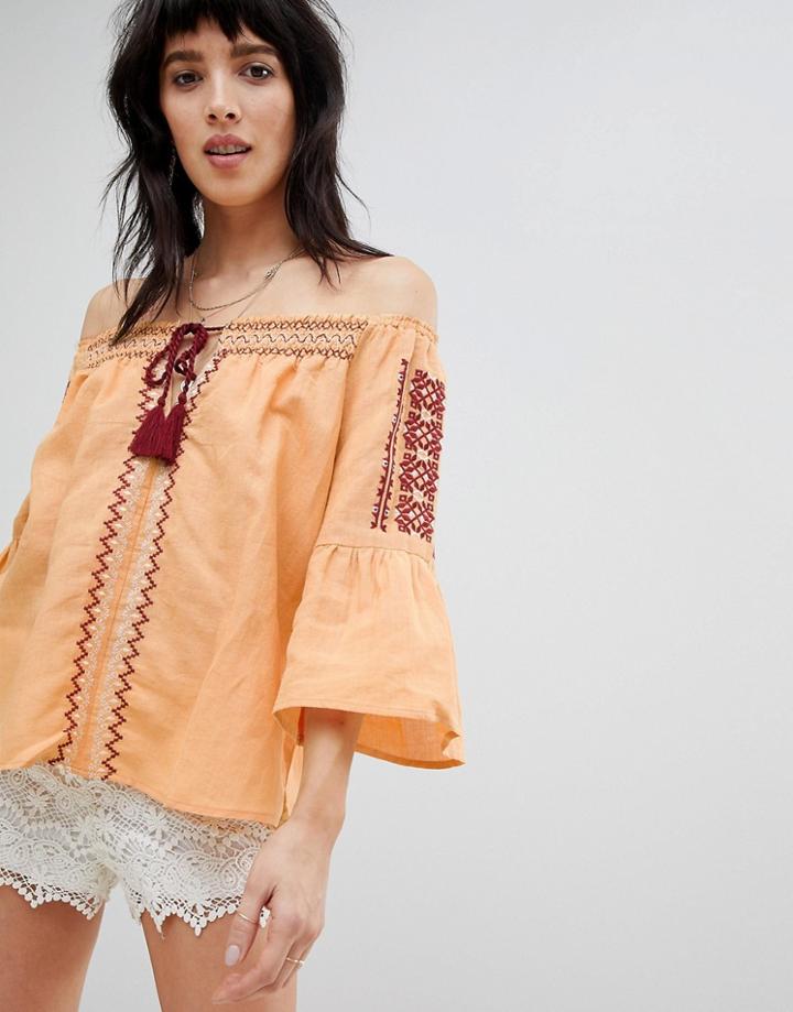 Hazel Off Shoulder Embroidered Tassel Tie Blouse - Yellow