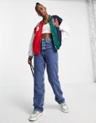 I Saw It First Spliced Graphic Varsity Jacket In Red