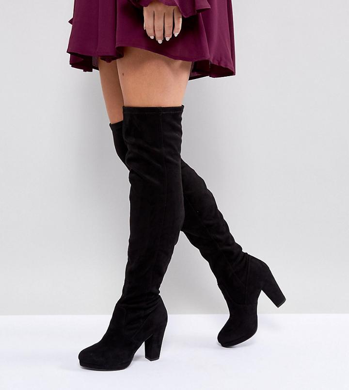 New Look Wide Fit Heeled Suedette Over The Knee Boot - Black