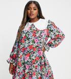 Twisted Wunder Plus Mini Smock Dress With Bib Collar In Black Base Painted Floral-multi