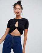 Asos Design Plunge Front Twist Crop Tee - Black