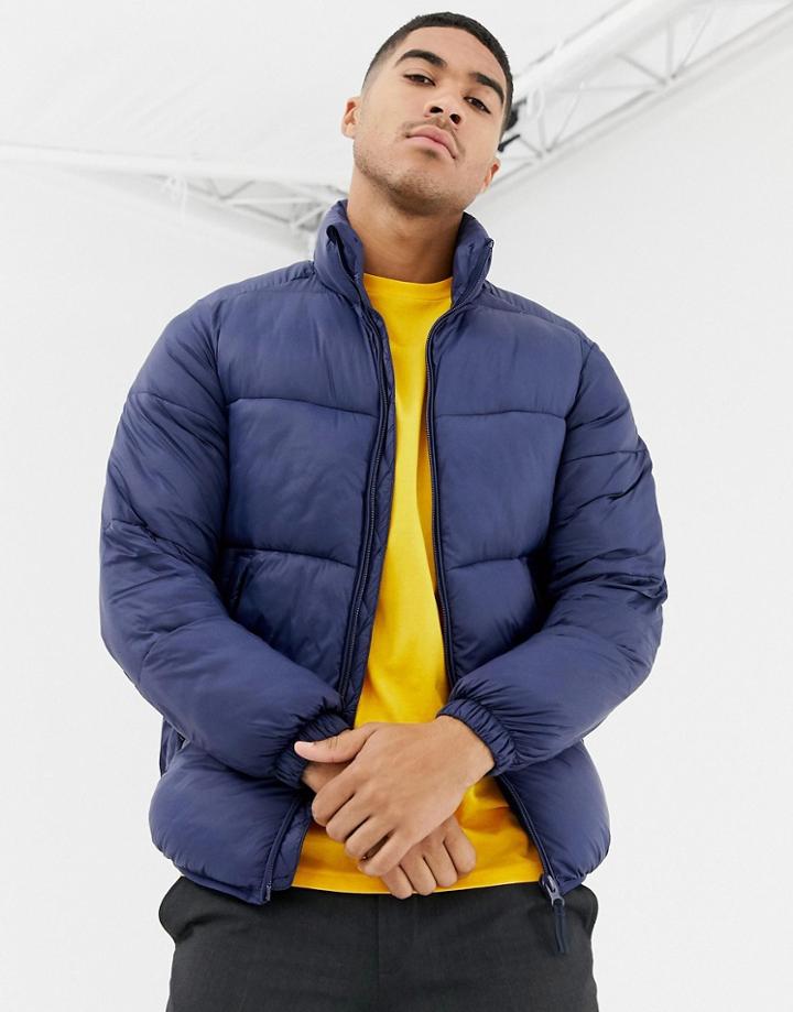 Pull & Bear Puffer Jacket In Navy - Navy