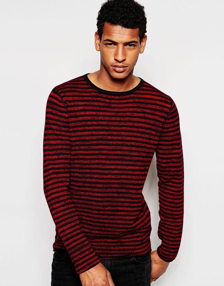 Selected Homme Stripe Knitted Crew Neck Sweater With Raw Edge - Red