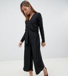 Lost Ink Petite Jumpsuit With Twist Front In Pinstripe - Black
