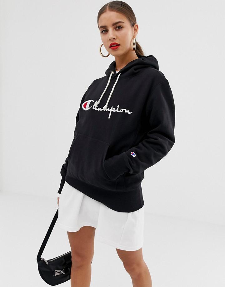 Champion Boyfriend Hoodie With Front Script Embroidered Logo - Black