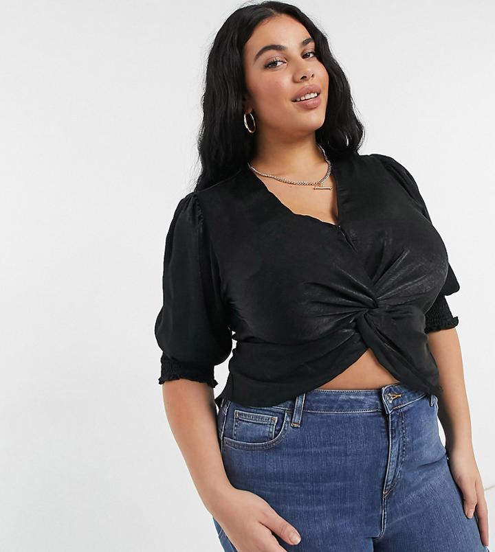 Outrageous Fortune Plus Satin Knot Front Shirred Sleeve Detail Crop Top In Black
