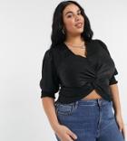 Outrageous Fortune Plus Satin Knot Front Shirred Sleeve Detail Crop Top In Black