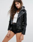 Barneys Faux Leather Biker Jacket With Detachable Hoodie - Black