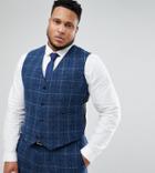 Asos Plus Slim Suit Vest In 100% Wool Harris Tweed Herringbone In Blue Check - Blue
