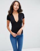 Asos Top With Deep Plunge And Cap Sleeve - Black