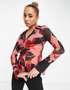 Asos Design Ruched Front Long Sleeve Shirt In Tonal Pink Oversized Floral-multi