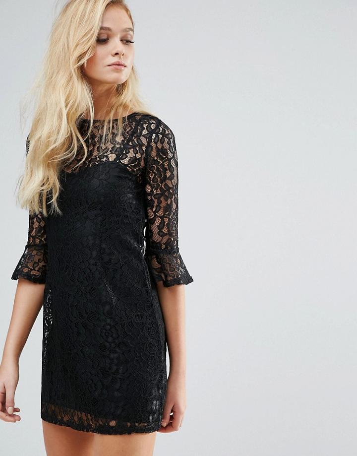 Lipsy Bell Sleeve Lace Dress - Black