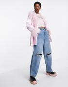 Asos Design Leather Look Mum Jacket With Fur Collar In Pink
