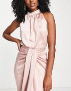 Style Cheat High Neck Satin Top In Blush - Part Of A Set-pink