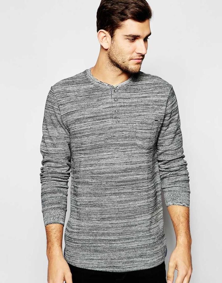 Blend Long Sleeve Henley Woven Slub Stripe - Stone Mix