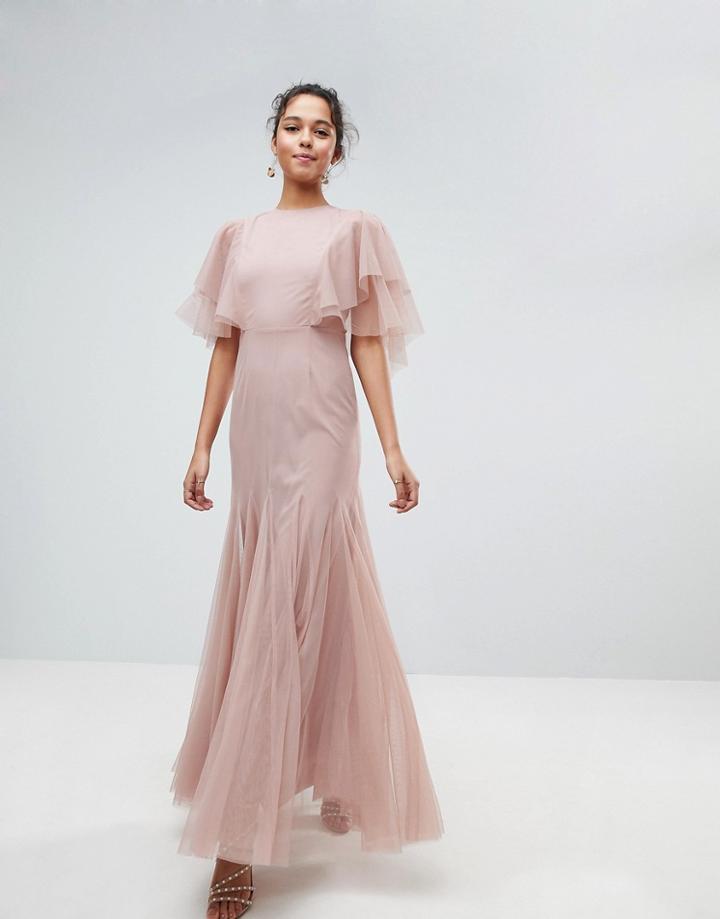 Asos Tulle Godet Flutter Sleeve Maxi Dress - Green