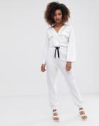 Asos Design Contrast Stitch Pocket Front Jersey Boiler Jumpsuit - White