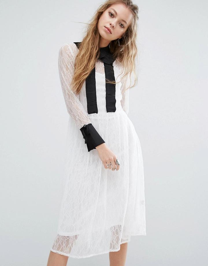 Navy London Lace Midi Dress With Collar - White