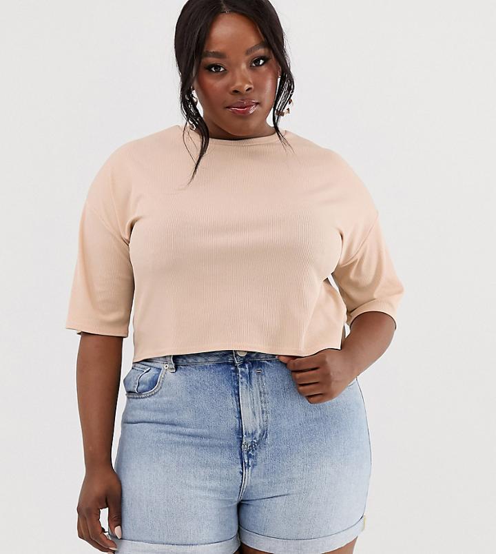 Asos Design Curve Boxy T-shirt In Rib In Stone - Beige