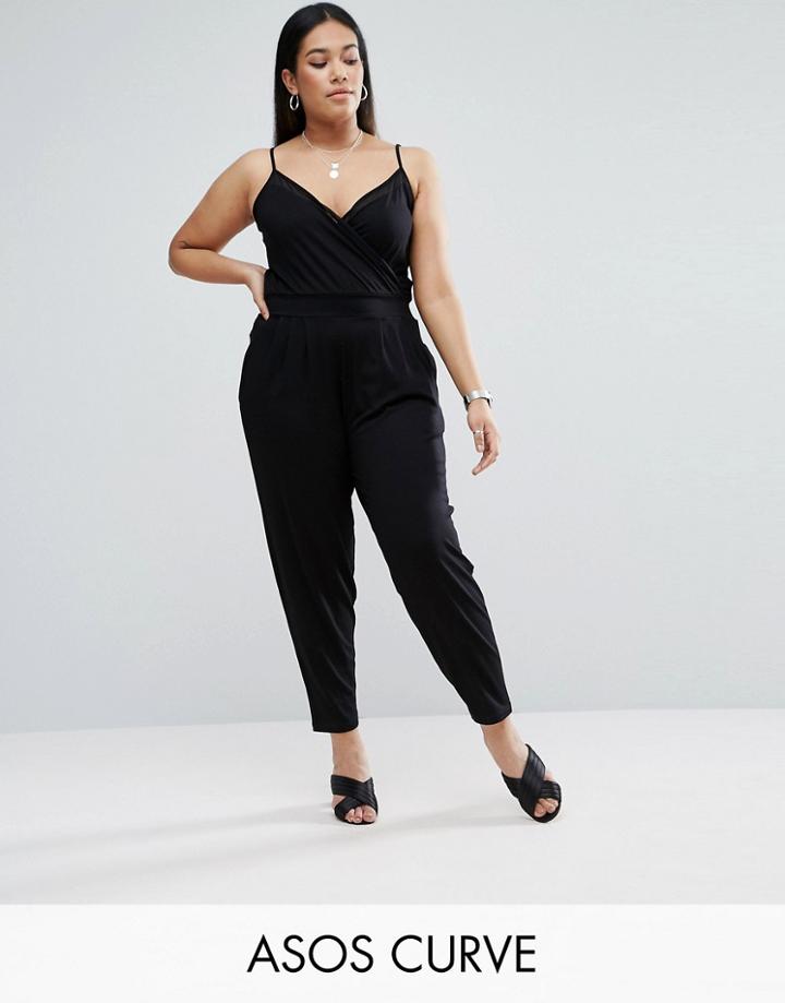 Asos Curve Jersey Cami Wrap Jumpsuit With Mesh Insert Detail - Black