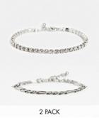 Asos Design 2 Pack Bracelet Set With Figaro Chain And Tennis Bracelet In Silver Tones