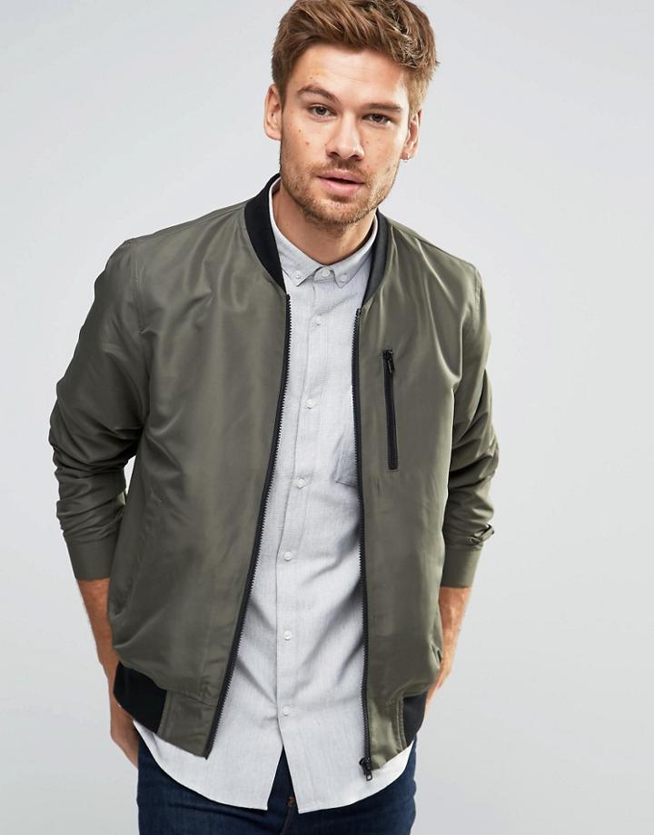 Asos Bomber Jacket With Zip Chest Pocket In Khaki - Khaki