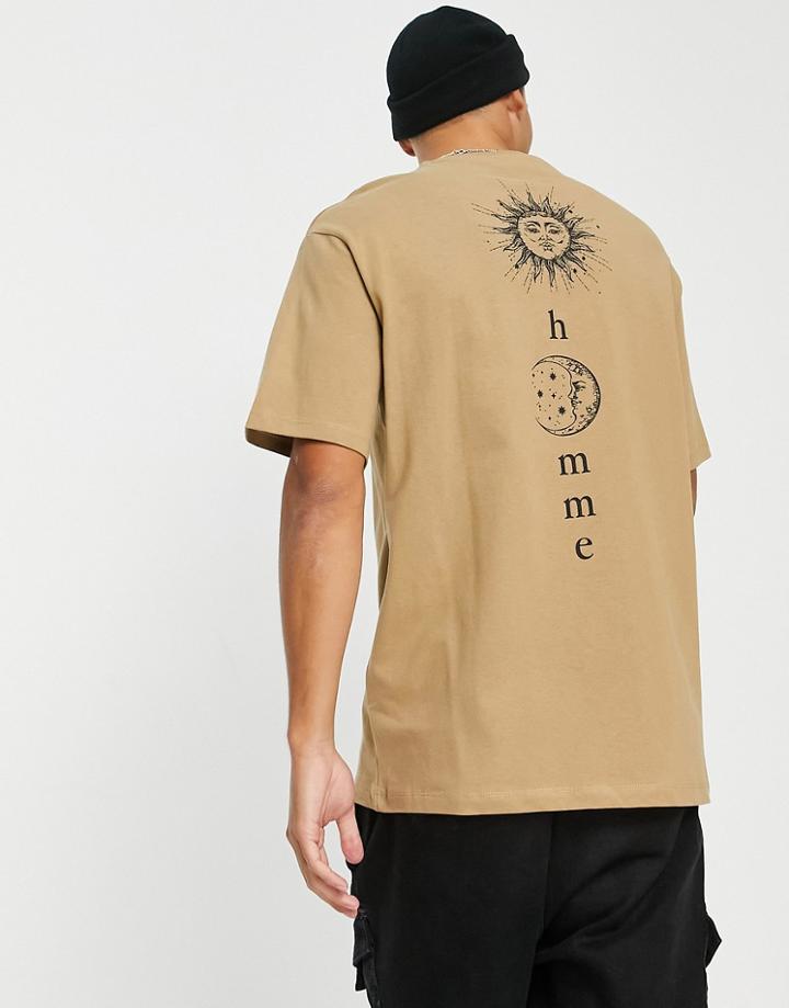 Selected Homme Oversized T-shirt With Sun And Moon Back Print In Beige-neutral