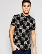 Asos Shirt In Monochrome Print With Mini Collar In Regular Fit - Black