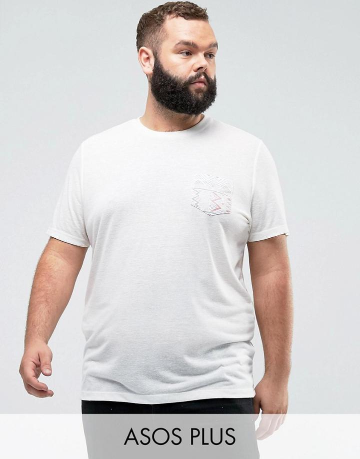 Asos Plus T-shirt With Geo-tribal Pocket In Linen Mix - White