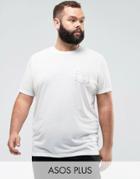 Asos Plus T-shirt With Geo-tribal Pocket In Linen Mix - White