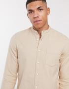 Asos Design Regular Fit Flannel Shirt In Ecru With Grandad Collar