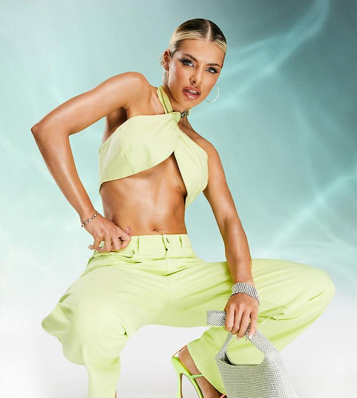 Asyou Cross Front Denim Halter Top Set In Lime Green