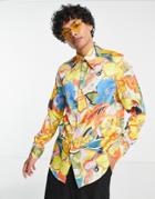 Asos Design Regular Longline Satin Shirt With 70s Collar In Floral - Multi