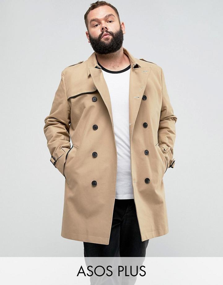 Asos Plus Shower Resistant Double Breasted Trench In Stone - Stone