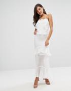Dark Pink Metallic Fleck Ruffle Maxi Dress With Lace Up Back - White