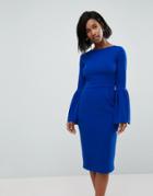 Club L Pencil Dress With Extreme Frill Sleeve - Blue