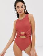 Asos Design Knot Front Slinky Glam Swimsuit In Dusty Mink-pink
