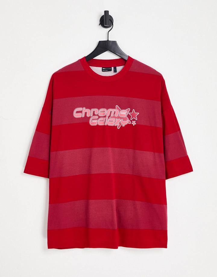 Asos Design Oversized Stripe T-shirt In Red With Graphic Text Print-blue