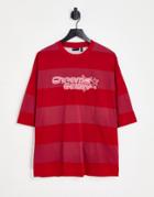 Asos Design Oversized Stripe T-shirt In Red With Graphic Text Print-blue